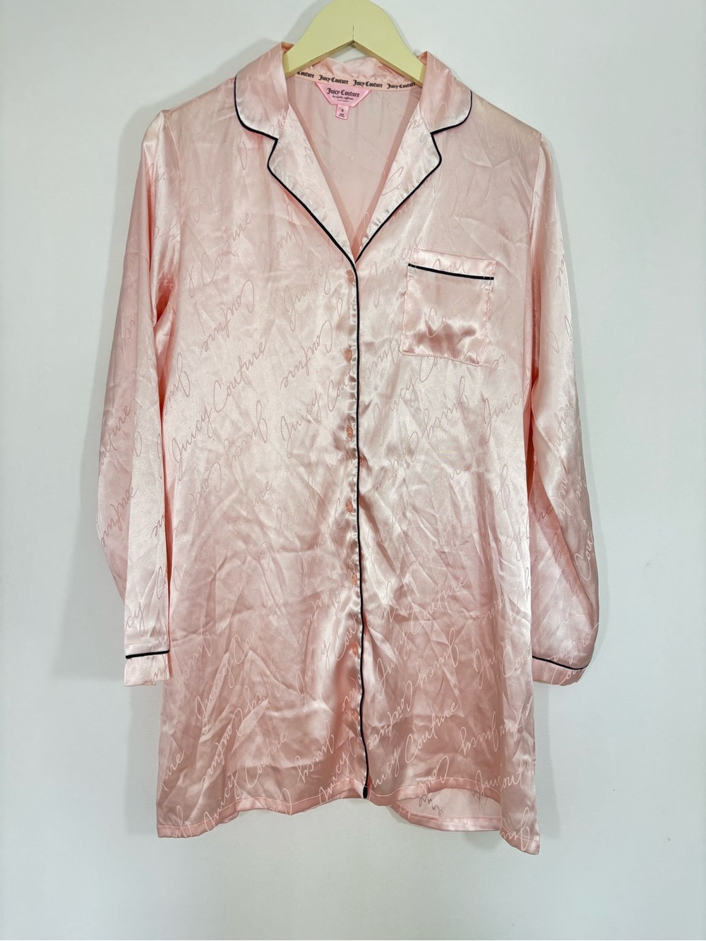 Juicy Couture Pink Satin Script Logo Sleepshirt Nightshirt Women’s Sz S Silky